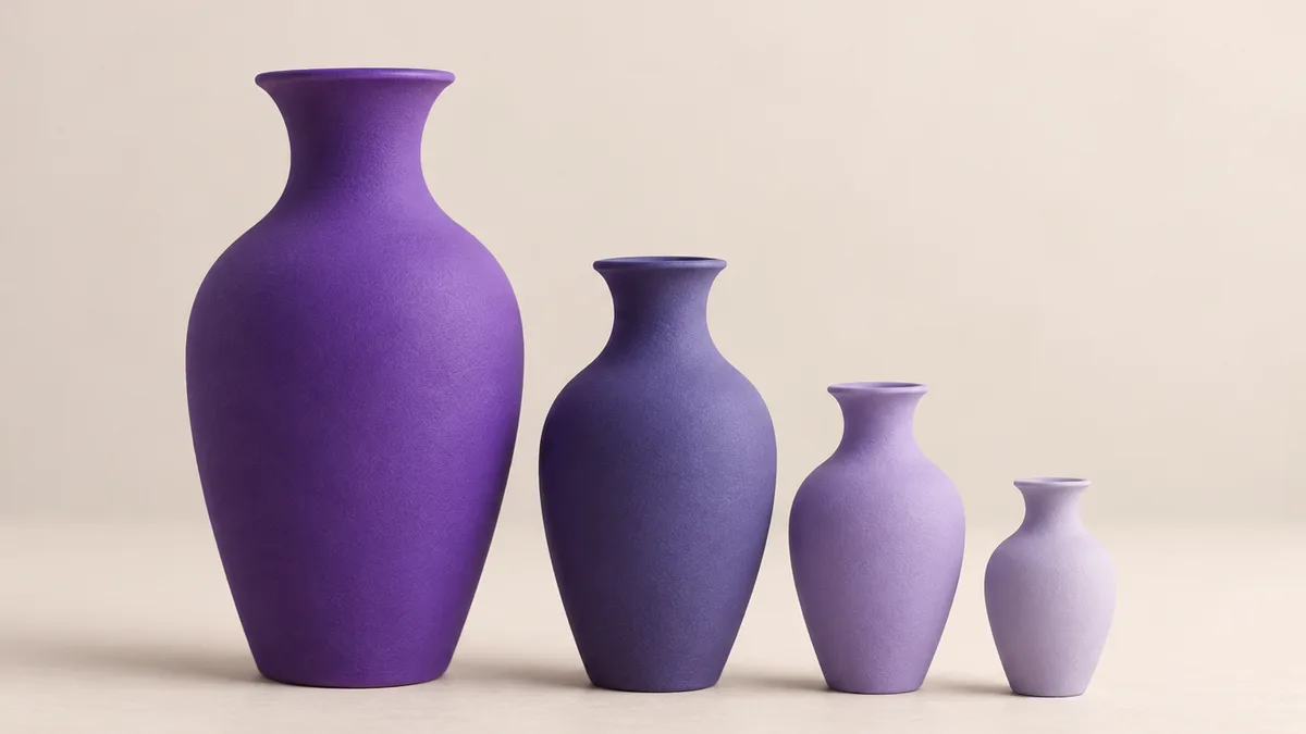 A vivid violet clay vase beside three smaller, paler copies of it — a shared post gets a fraction of the original's reach
