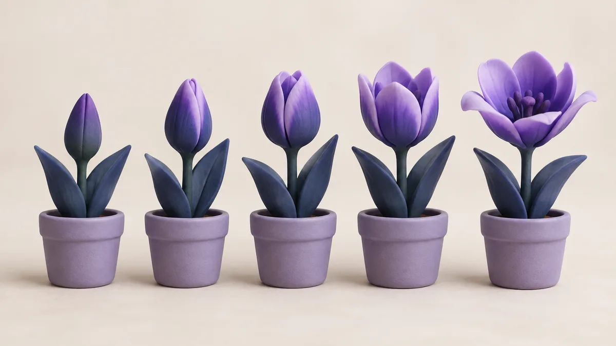 Tulipanes de arcilla en fila, cada uno en una fase distinta de apertura — cada grupo se activa a su hora, no a las 9:00