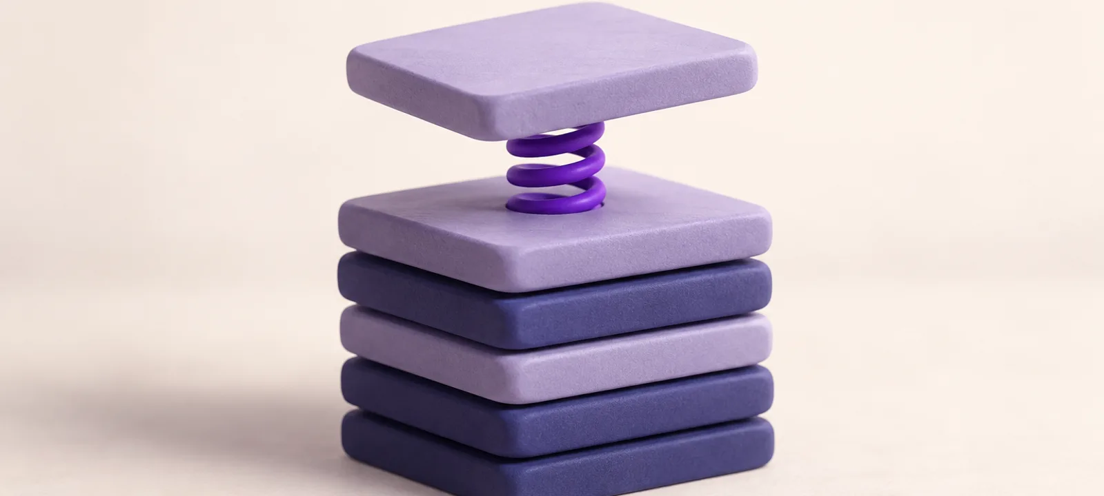 One clay tile rising above a neat stack of identical tiles, lifted by a small coiled violet spring underneath