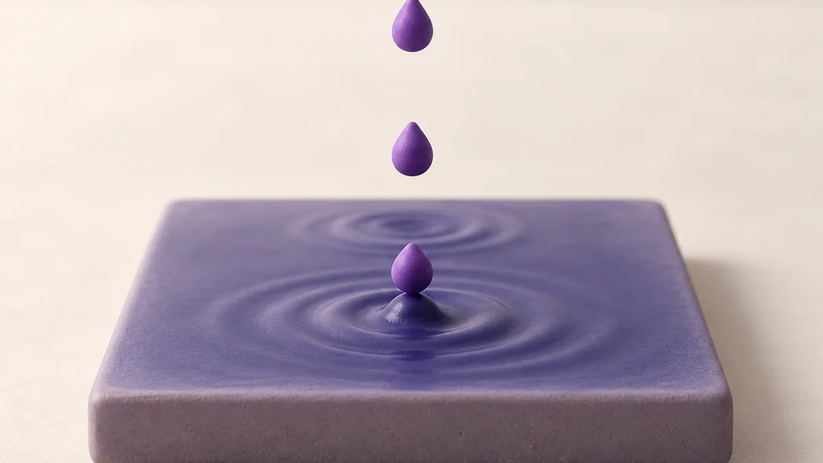 Three small violet clay drops falling one after another onto a flat tile, each spreading a soft ripple