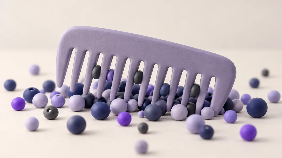 A wide clay comb drawn through a scatter of round beads, most passing between its teeth and a few dark grey beads caught