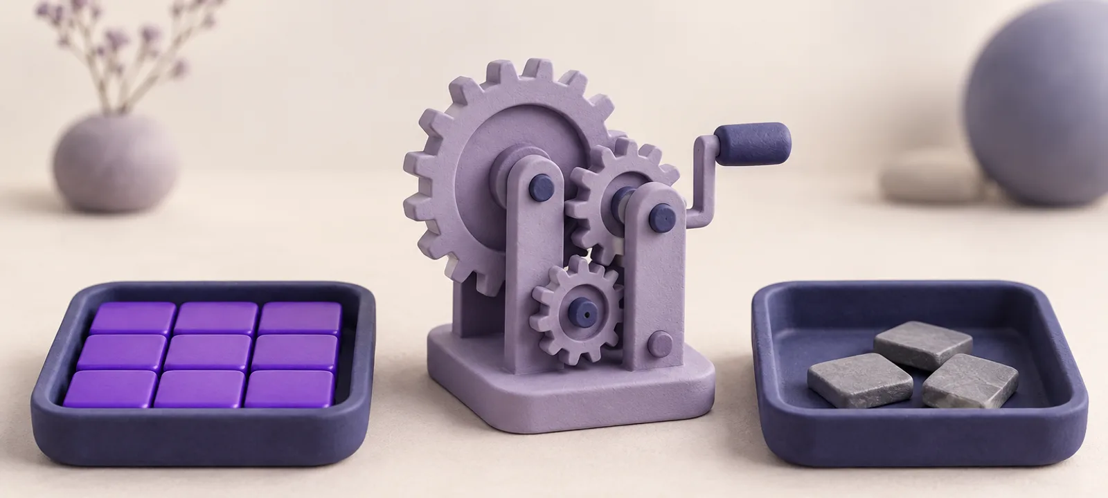 A small clay gear mechanism beside two trays, one filled with neat violet tiles and the other holding a few rough grey tiles set aside