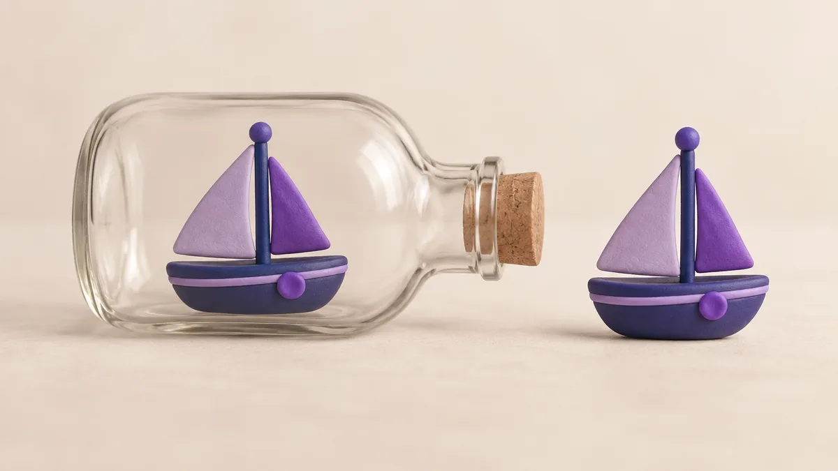 Un velero de arcilla dentro de una botella junto a otro idéntico fuera — una app de escritorio usa su propio navegador aparte