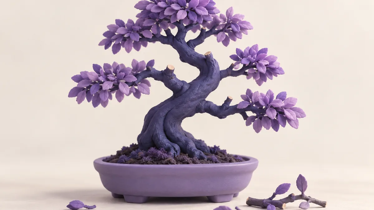 A freshly pruned clay bonsai with cut twigs beside its pot — trimming silent members keeps the whole group healthier