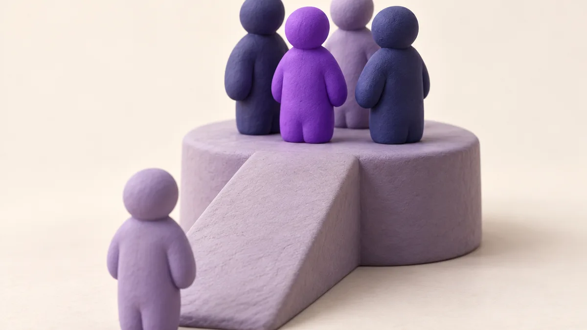 A clay ramp leading up to a round platform where a small group of clay figures stands together, with one new figure waiting at the bottom