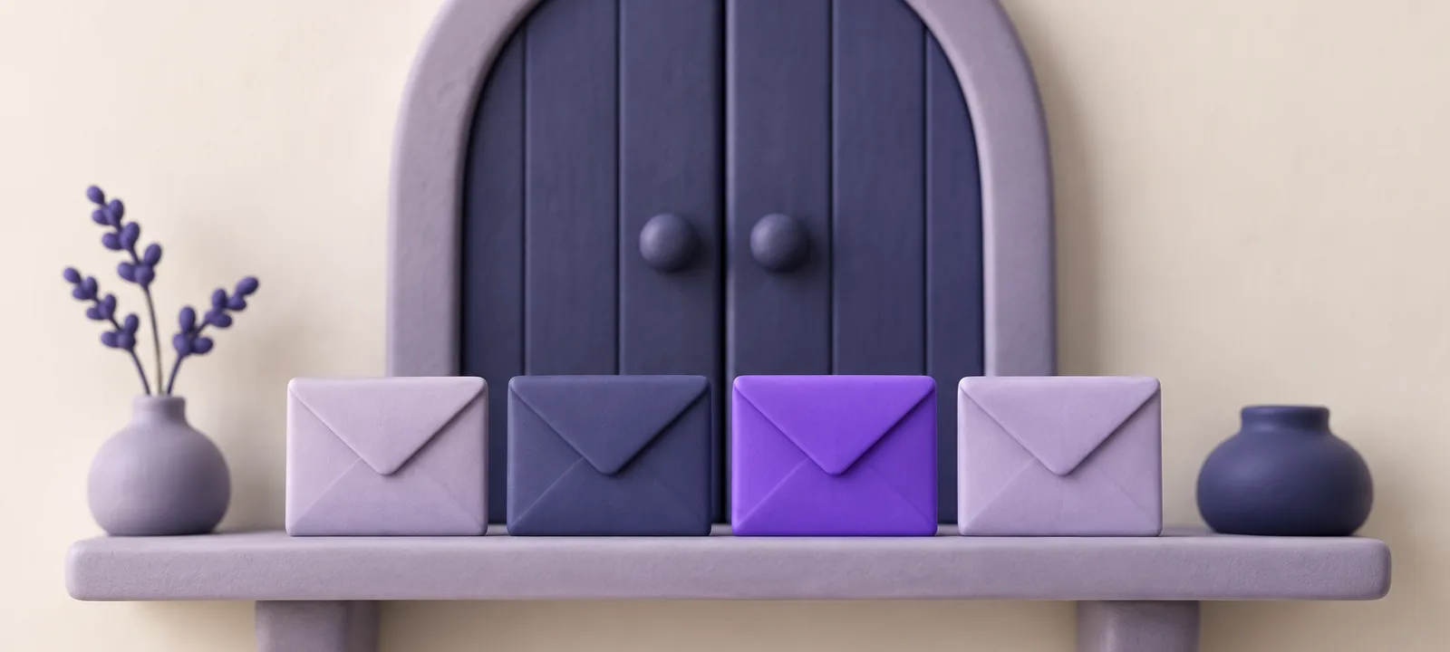 A short row of smooth clay envelopes waiting on a narrow shelf in front of a closed arched clay door, lavender and indigo on off-white
