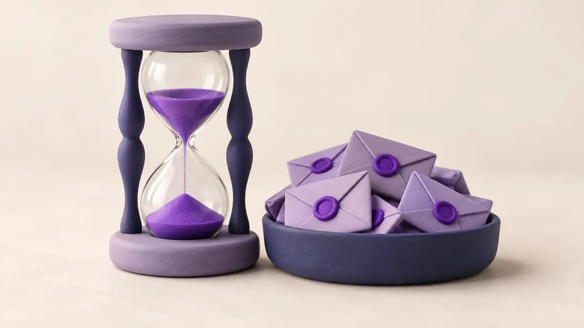 A clay hourglass beside a bowl filled to the rim with sealed clay envelopes: a full approval queue