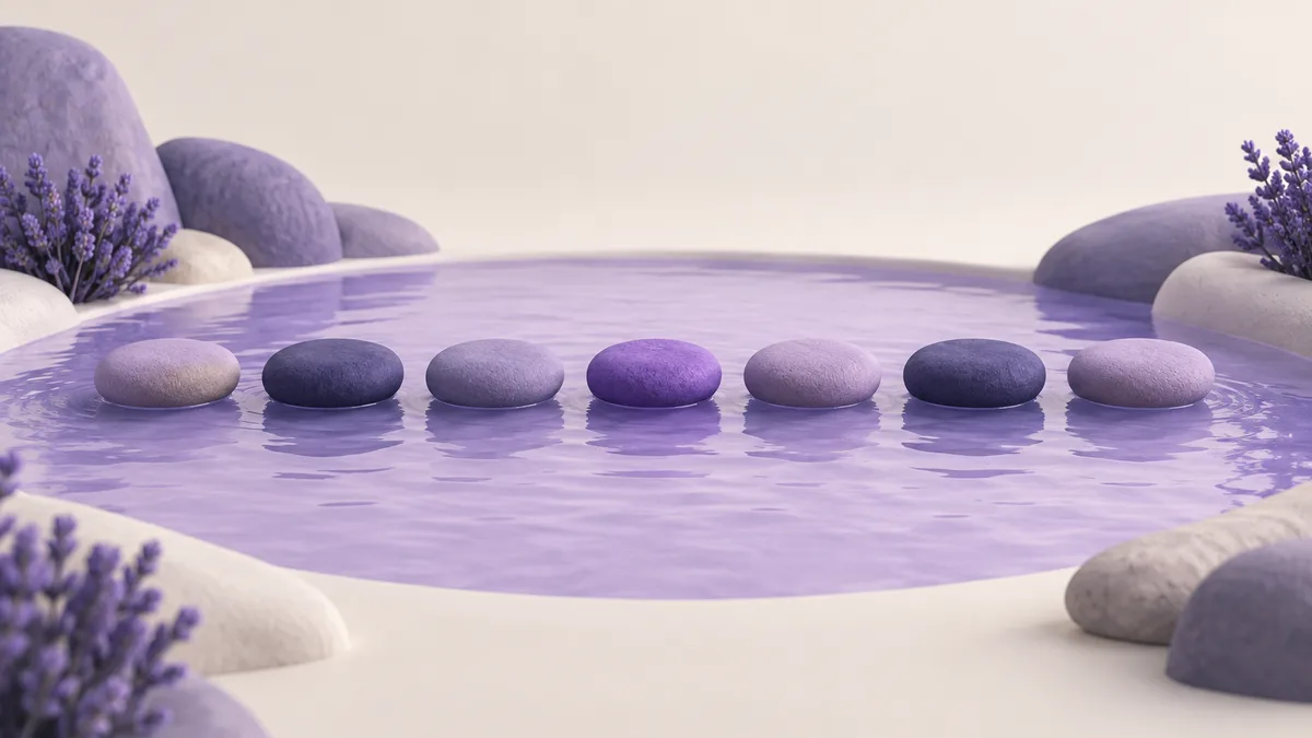Seven round clay stepping stones crossing a shallow lavender pool in one evenly spaced line