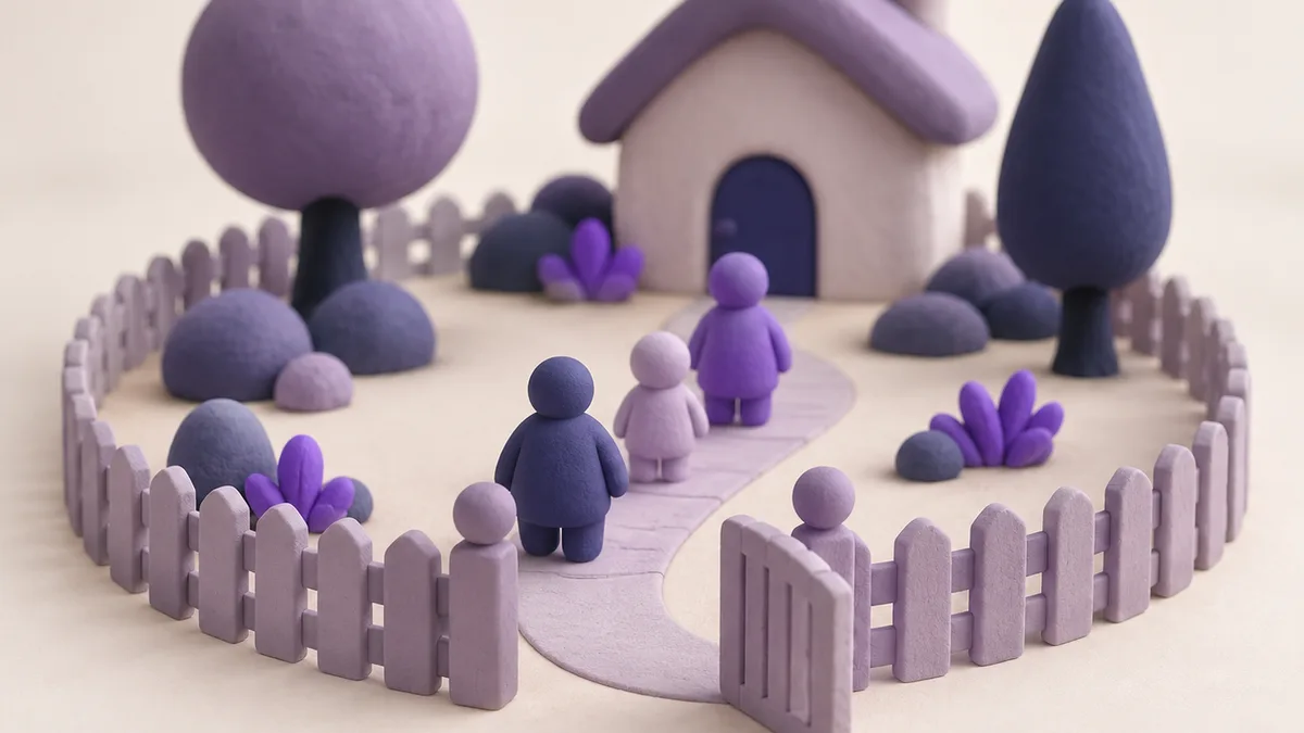 A low clay picket fence with an open gate and a few rounded clay figures walking along a curved path inside it