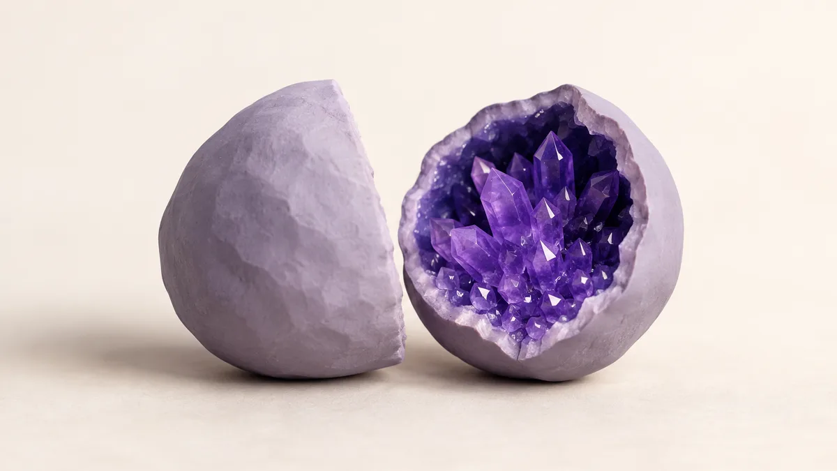 Una geoda de arcilla abierta que deja ver cristales violeta — analítica que profundiza más que las estadísticas nativas