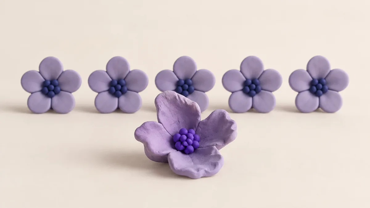 Una flor de arcilla irregular delante de una fila de flores idénticas de molde — una bienvenida personal gana a un post en lote