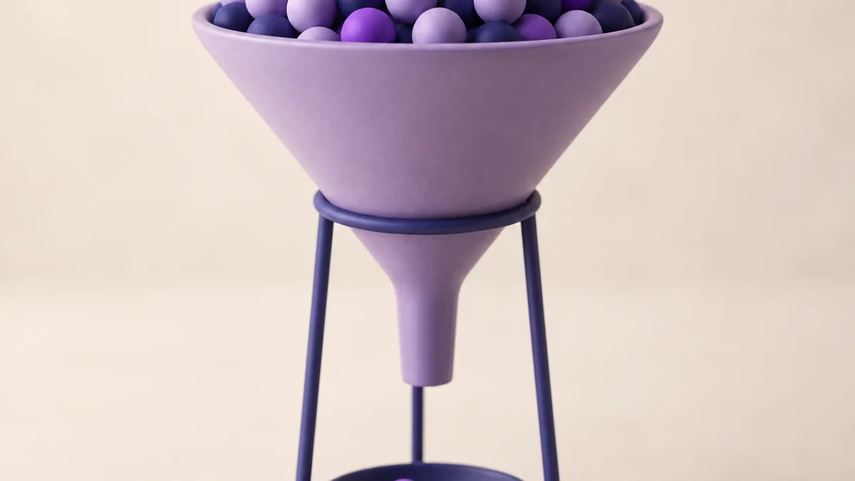 A clay funnel on a slim stand, heaped with small violet balls — many group members narrowing down to a few clients