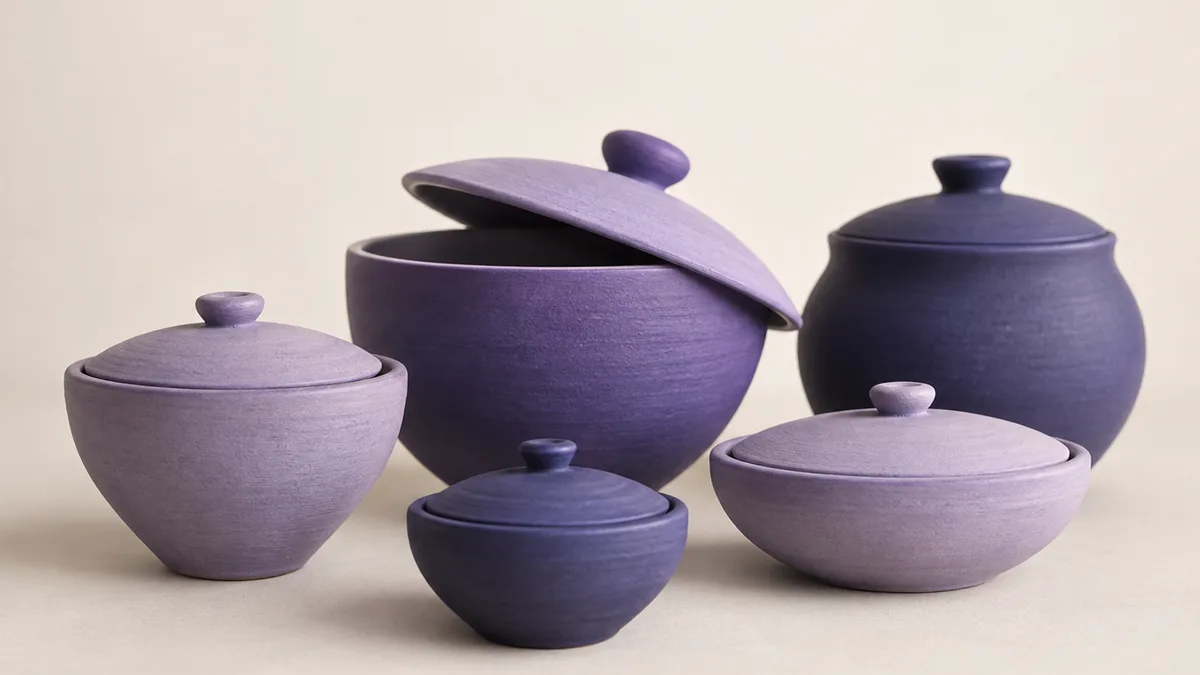 Cinq bols en argile avec couvercle, en lavande et indigo, chaque couvercle à la taille de son bol, sur une surface blanc cassé chaleureuse