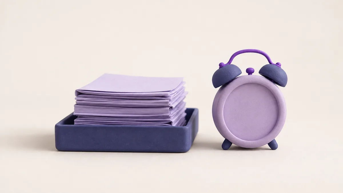 A neat stack of folded paper notes in a shallow tray beside a small clay alarm clock with a blank face: posts waiting for their time