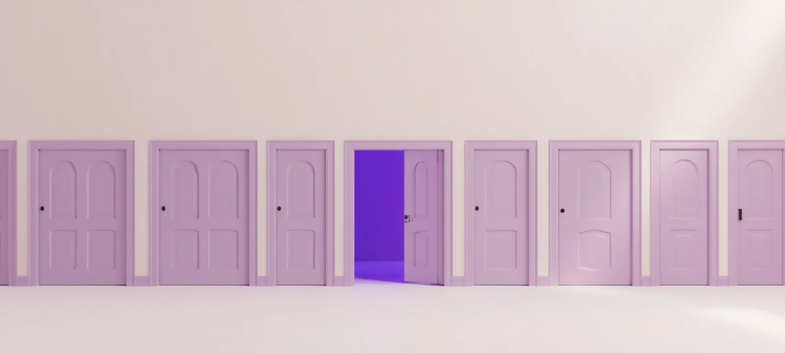 A long row of identical closed clay doors with a single door standing open onto violet light — the few groups open to your offer, matte clay in lavender and deep indigo