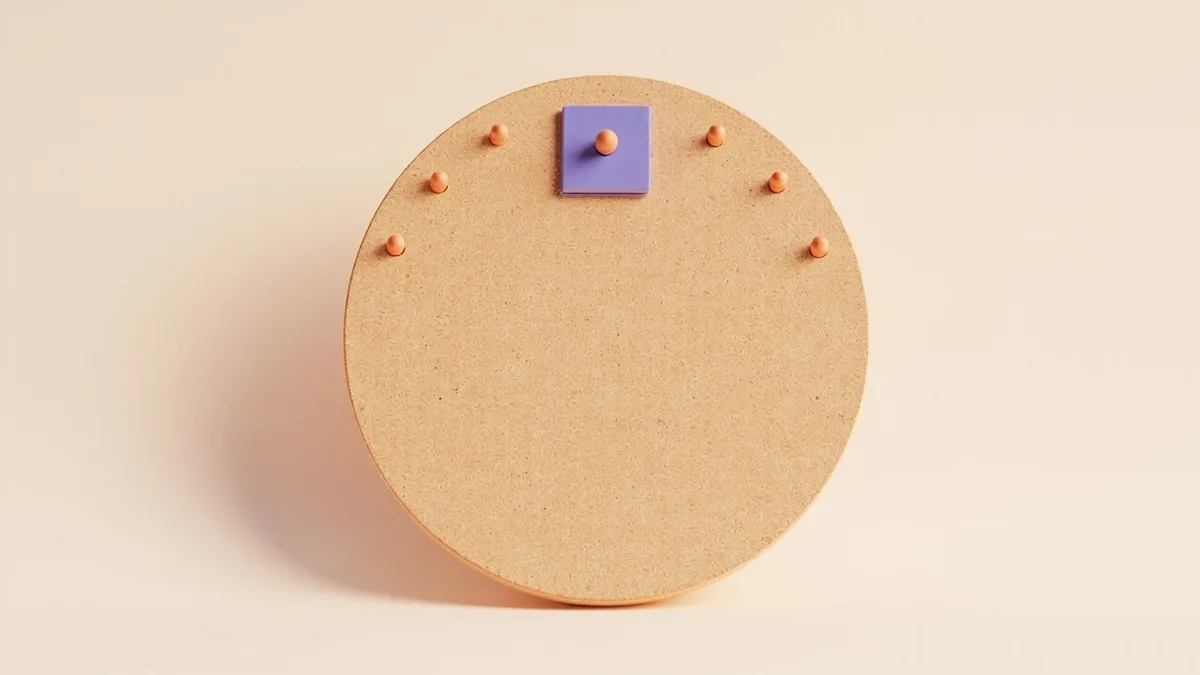 One small clay tile pinned to a round cork board, with empty pins waiting around its edge — in a group, an ad is a post on the board, not a bought space