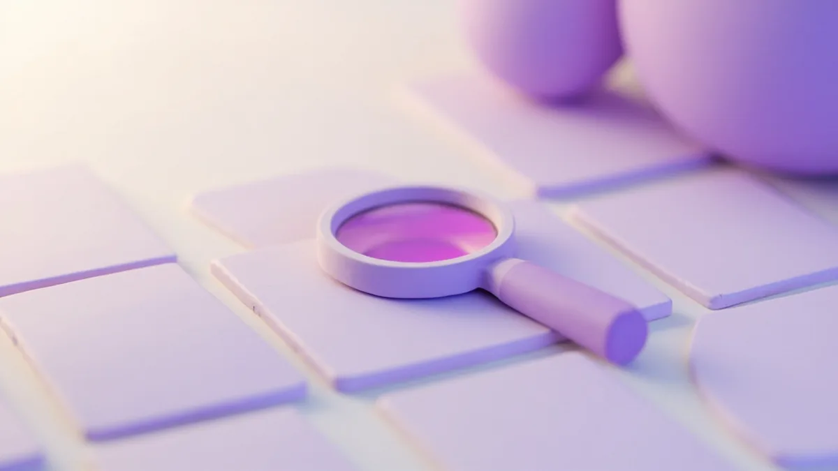 A hand-sized clay magnifier resting over one tile in a grid of identical tiles, one tile set slightly apart — filtering groups one by one before posting
