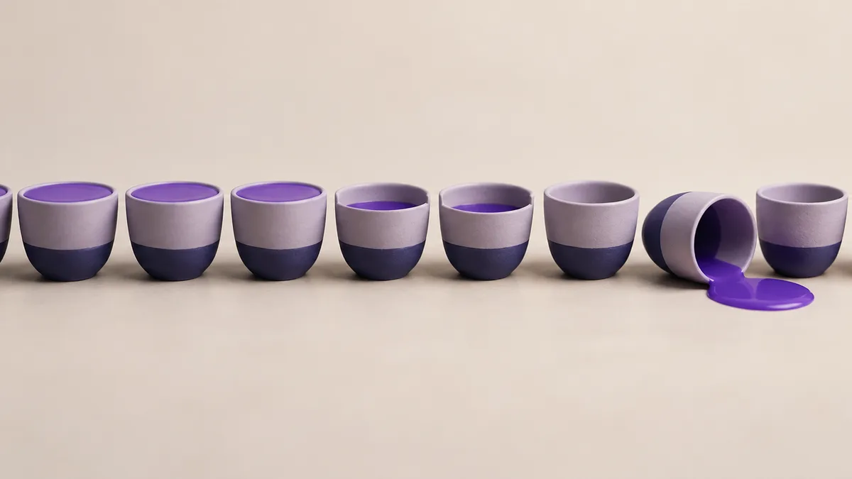 Vasos de arcilla en fila, bien llenos al principio y luego a medias o volcados — a mano, hacia el grupo 30 todo se descuida
