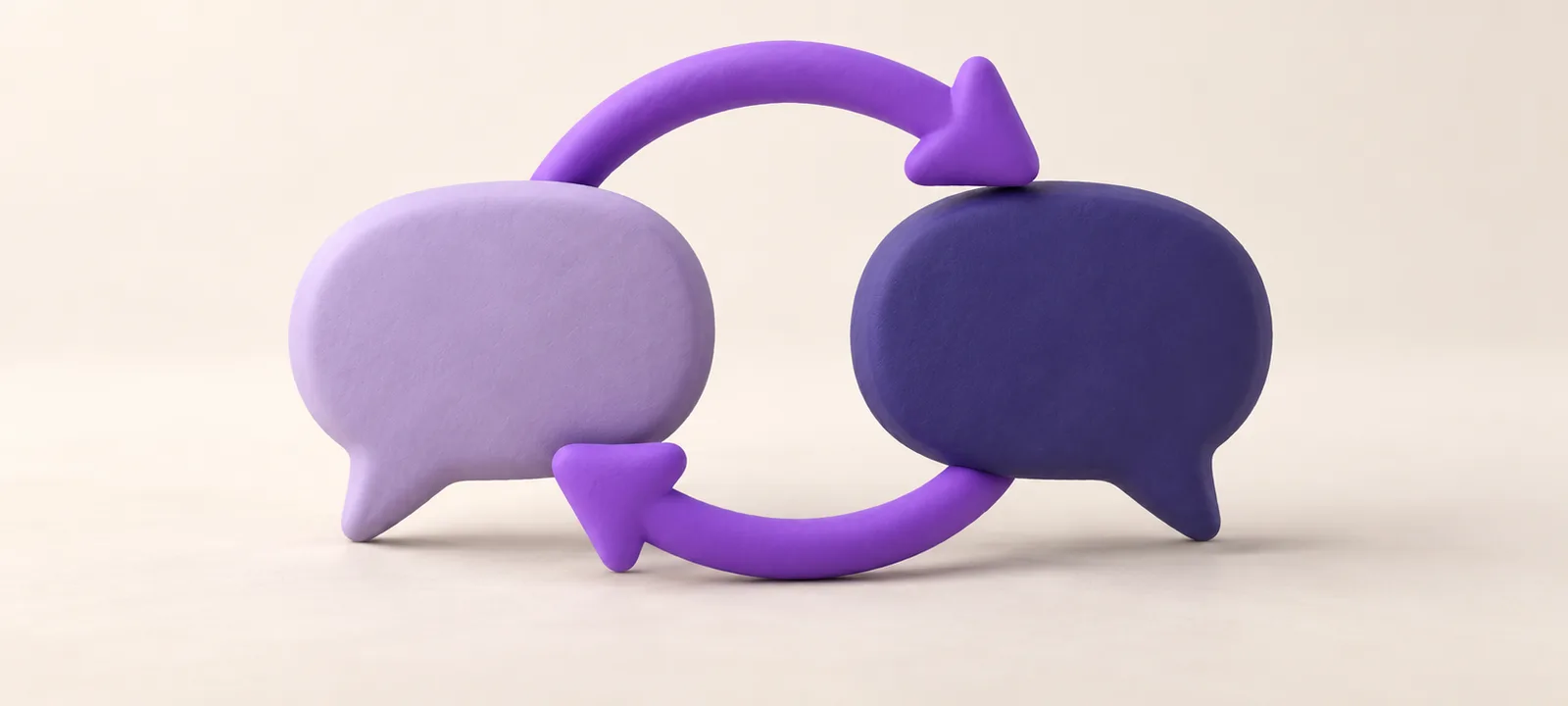 Clay still life: two speech bubbles, one lavender and one deep indigo, joined by a violet loop of two arrows, a post going out and coming back