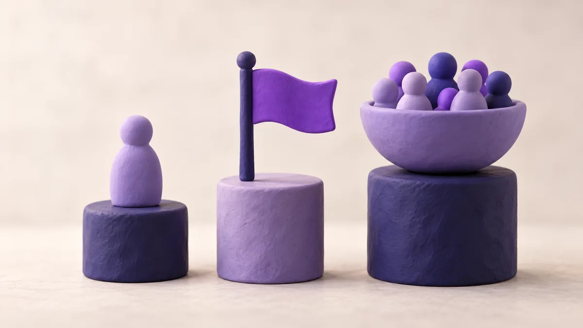 Clay still life: three pedestals of rising height holding a single figure, a flag and a bowl of many small figures, like a profile, a Page and a group