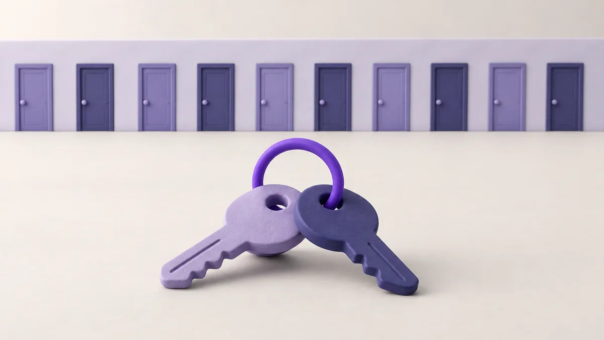 Un llavero con solo dos llaves ante una larga fila de puertas cerradas — la nube llega a tus Páginas, no a tus grupos