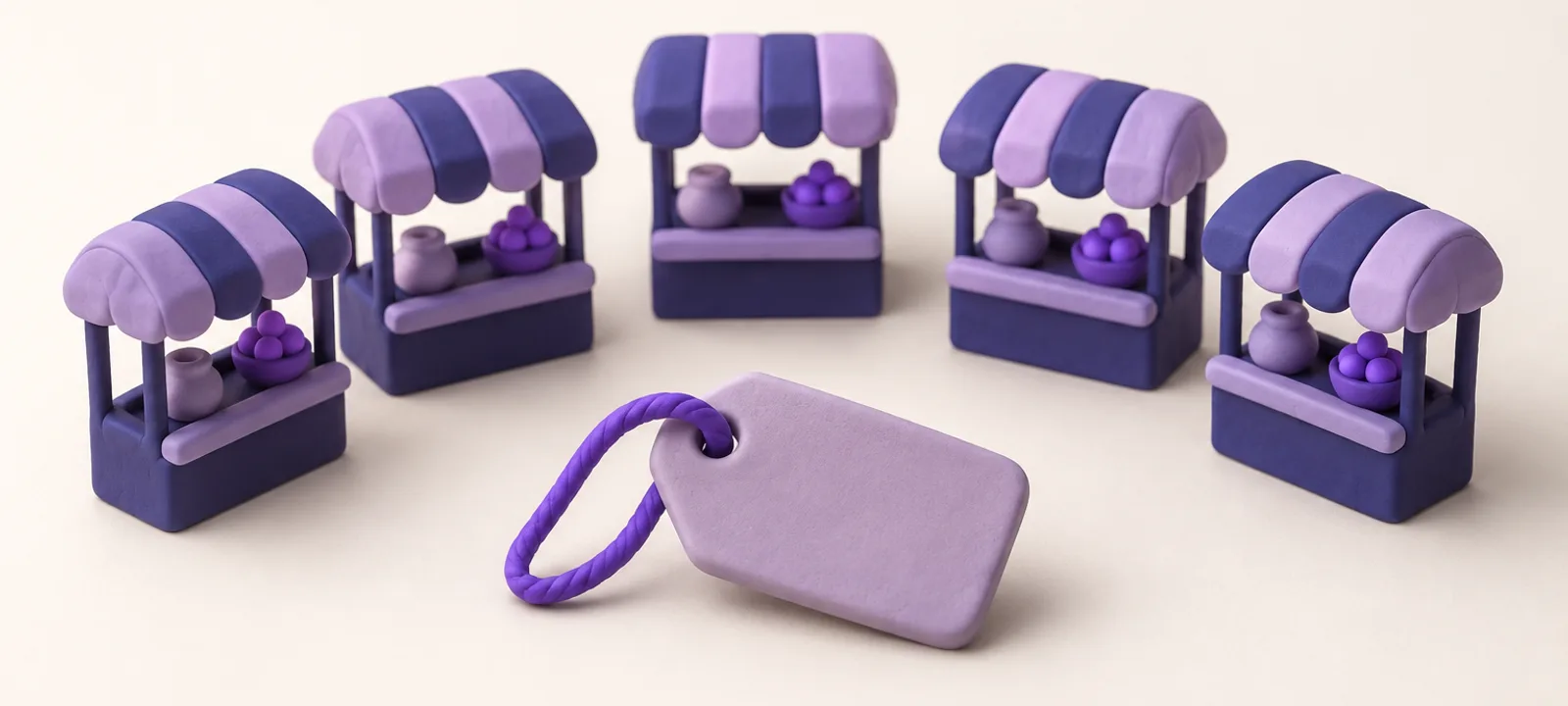 A small clay price tag in the middle of a semicircle of identical little clay market stalls on an off-white surface, lavender and indigo