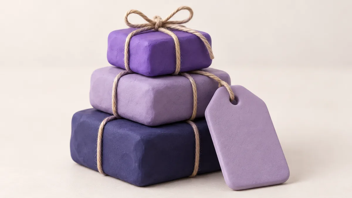 A small stack of clay parcels tied with string next to a single clay price tag on an off-white surface: one item, many places