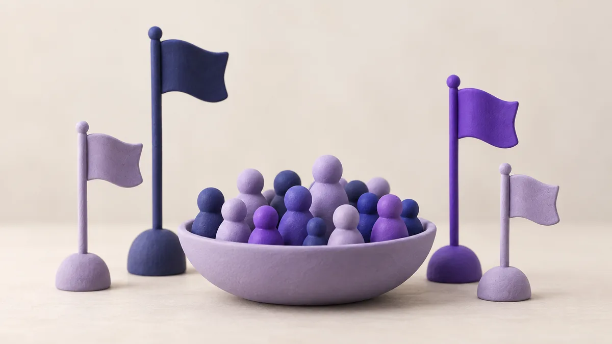 Four small clay flags on stands of different heights next to a wide shallow bowl holding many small clay figures: Pages and groups