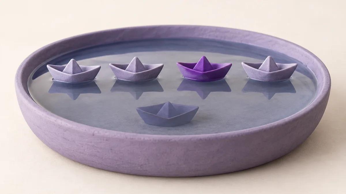 Bateaux d'argile façon origami dans un plat d'eau, l'un à l'écart — une publication qui semble en ligne mais a été retirée