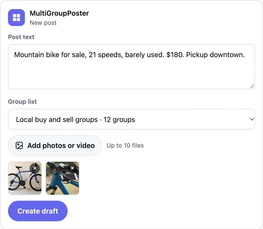 The MultiGroupPoster post card inside a chat: post text, group list, two photos of a bike and a Create draft button