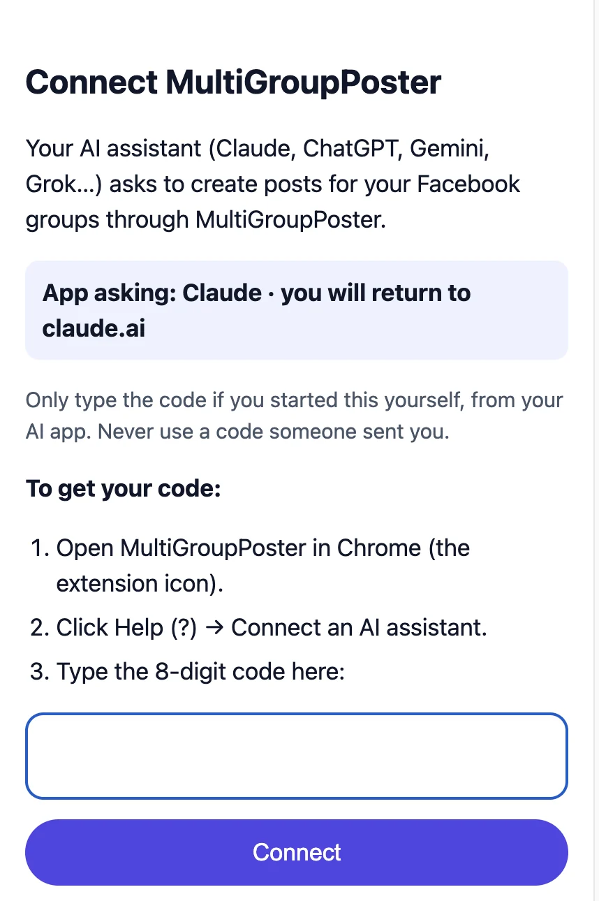 The MultiGroupPoster sign-in page that the AI app opens, asking for the 8-digit code from the extension