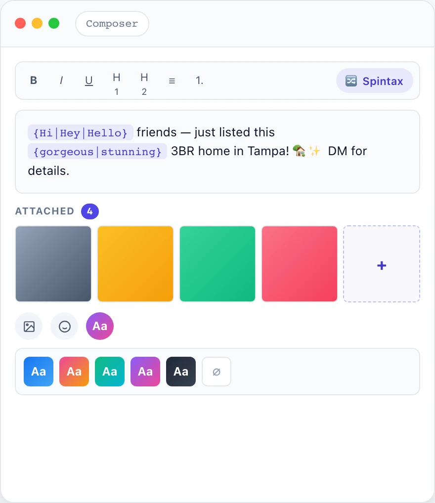 MultiGroupPoster composer showing the Aa colored-background picker with gradient swatches, used to send a colored text post to multiple Facebook groups at once
