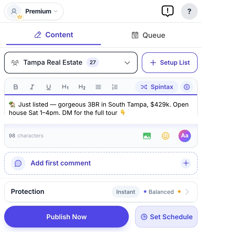 MultiGroupPoster main screen (real extension popup) — composing a Facebook post with the Spintax, first-comment, color, and Protection controls, ready to publish to every group