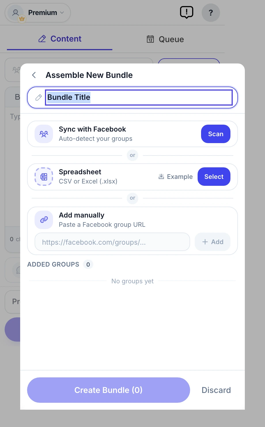 MultiGroupPoster Assemble Bundle screen — sync Facebook groups automatically, import a spreadsheet, or add group URLs by hand to build a reusable posting list