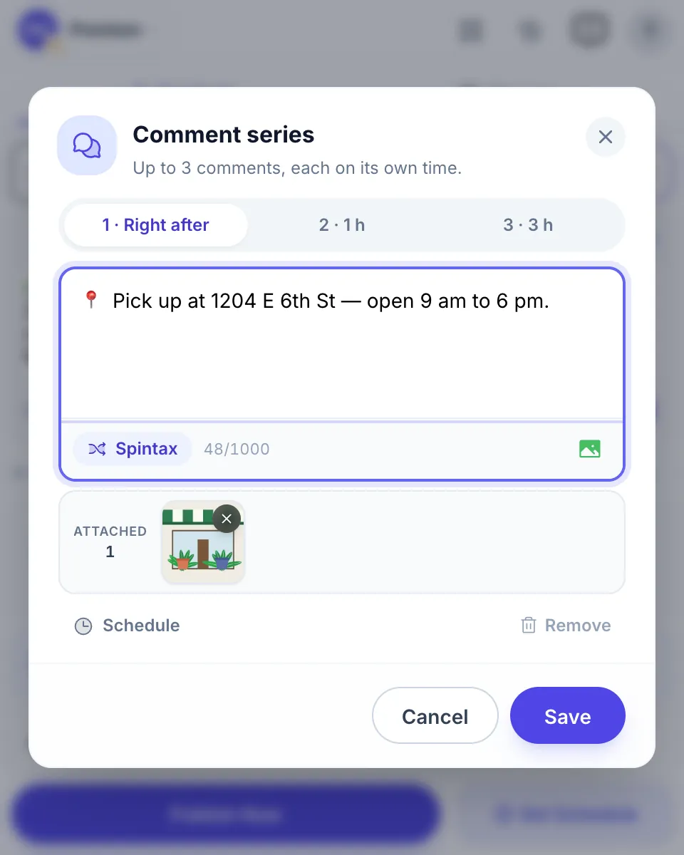 A comment series: three comments, right after, after 1 hour and after 3 hours