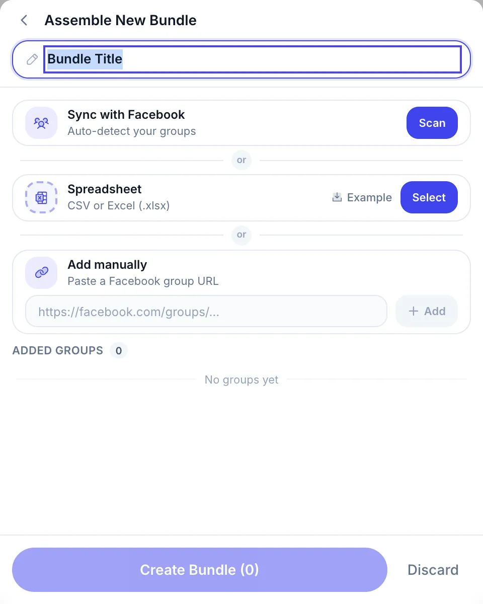 Creating a group list: Sync with Facebook, Spreadsheet or Add manually