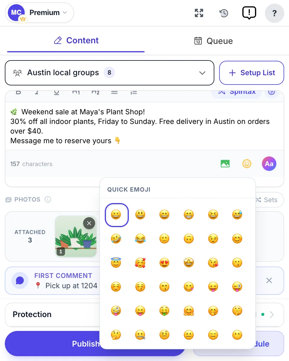 The post editor with formatting toolbar and the emoji picker open