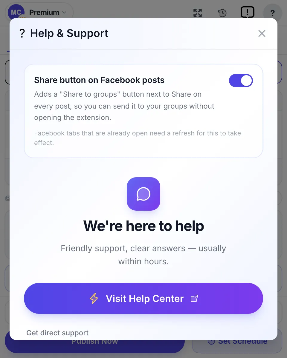 Help & Support: the switch for the Share to groups button on Facebook posts