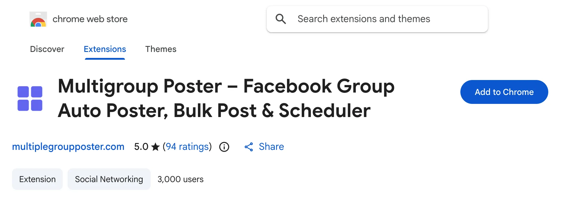 The MultiGroupPoster listing on the Chrome Web Store with the Add to Chrome button