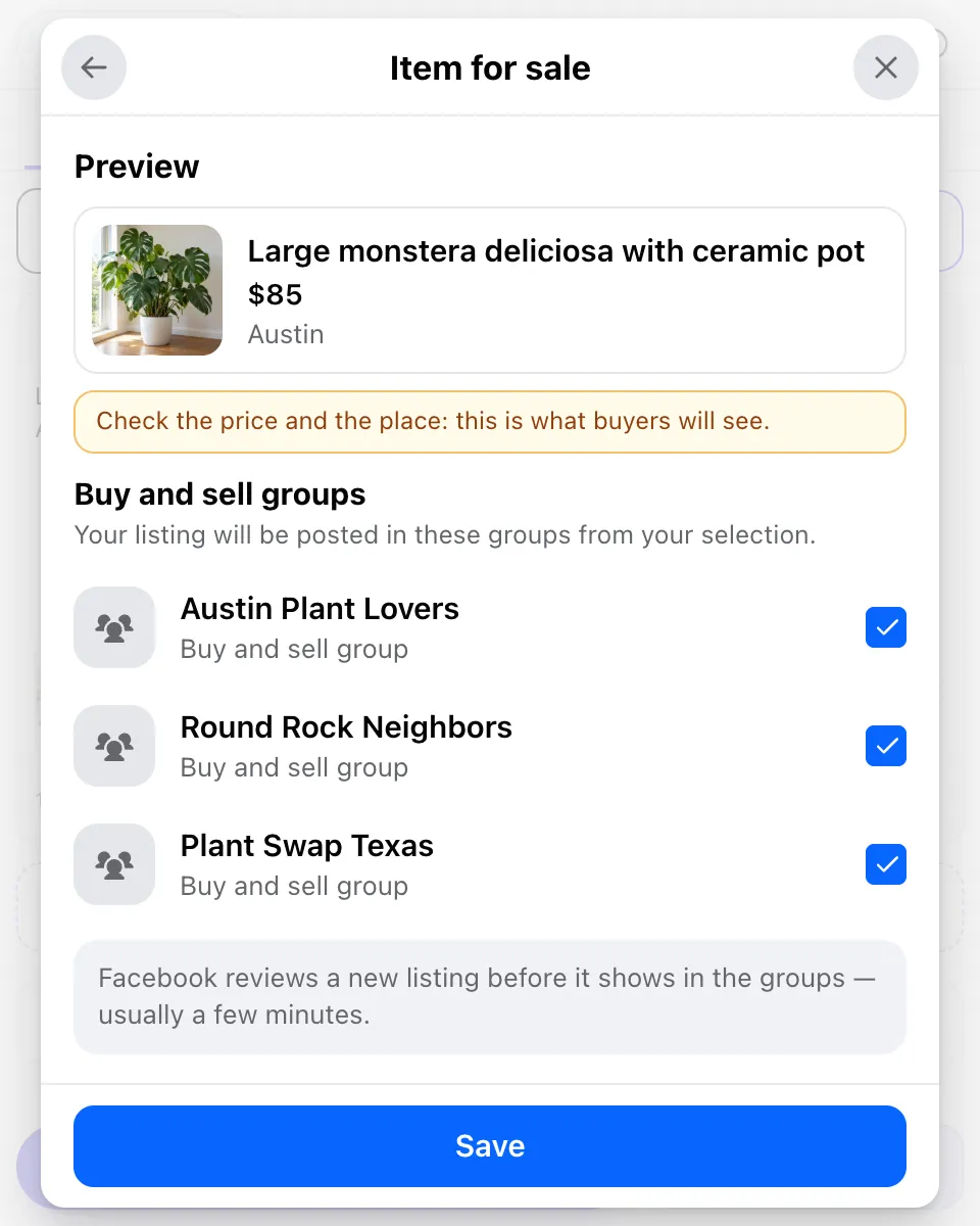 MultiGroupPoster listing preview, $85 in Austin, above three ticked buy and sell groups
