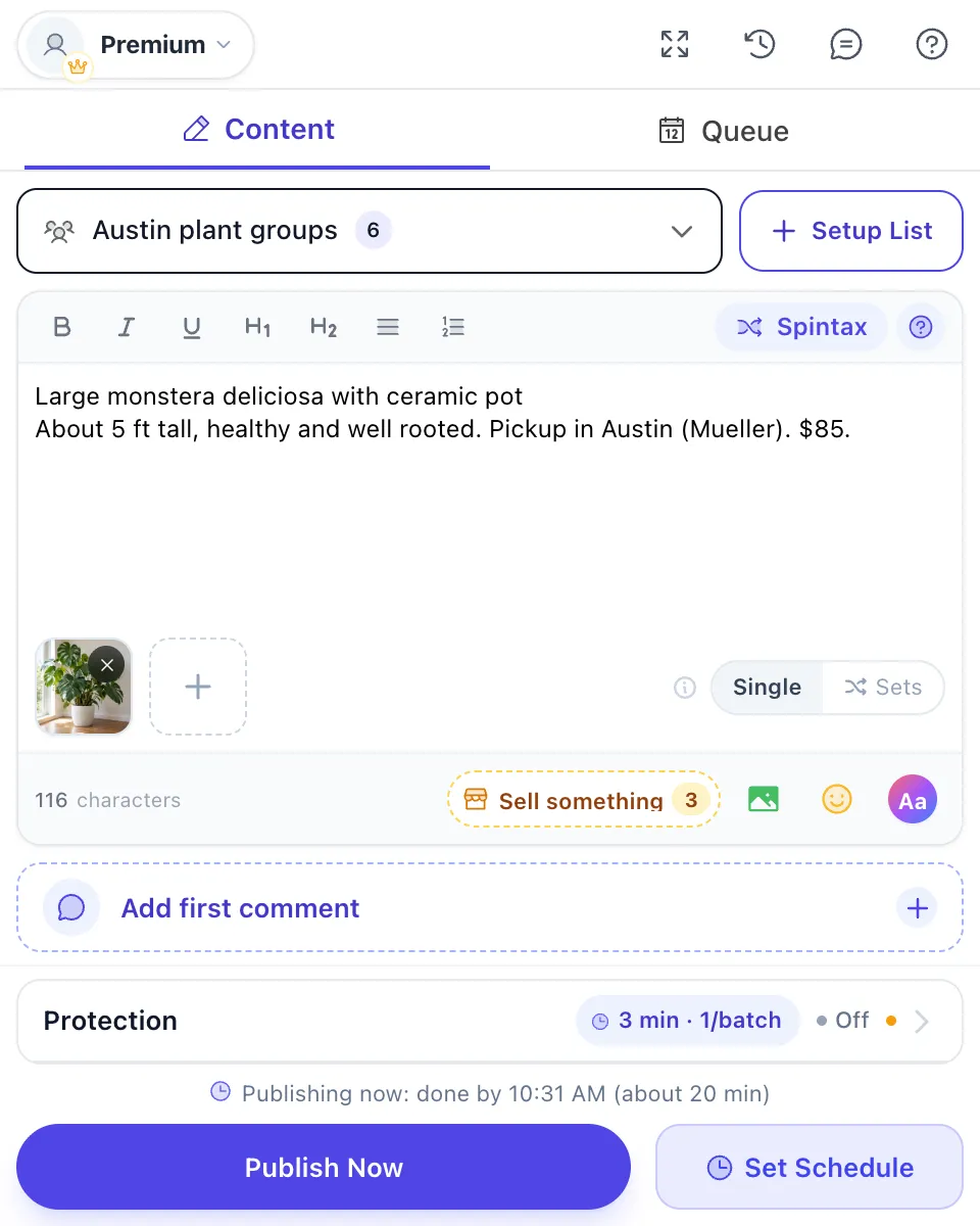 MultiGroupPoster composer with a plant listing post and the Sell something button showing 3 buy and sell groups in the selection