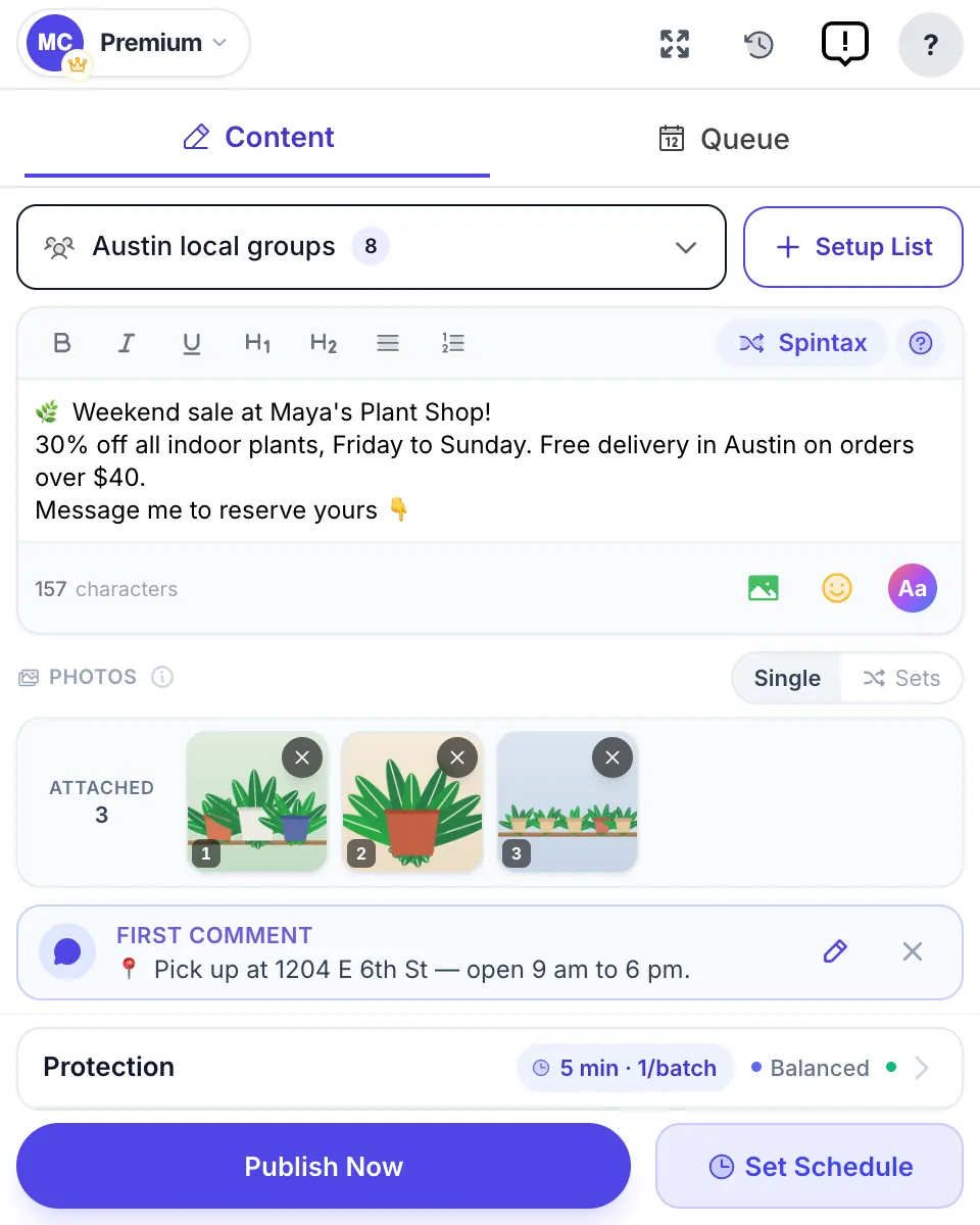 The MultiGroupPoster main screen: group list, post editor with photos, first comment, Protection and the Publish Now button