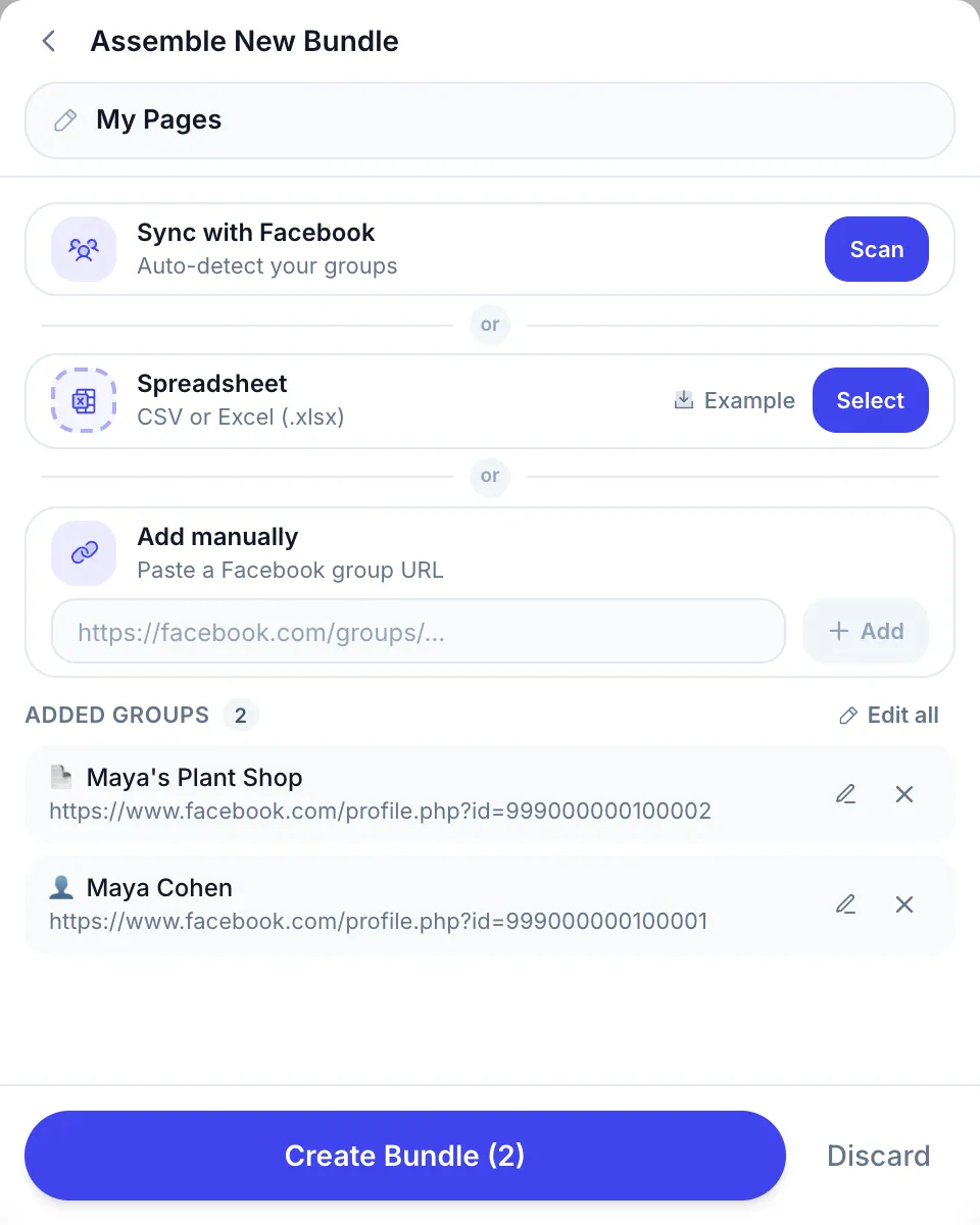 A new list with your Facebook Page (📄) and your own profile (👤) added by link
