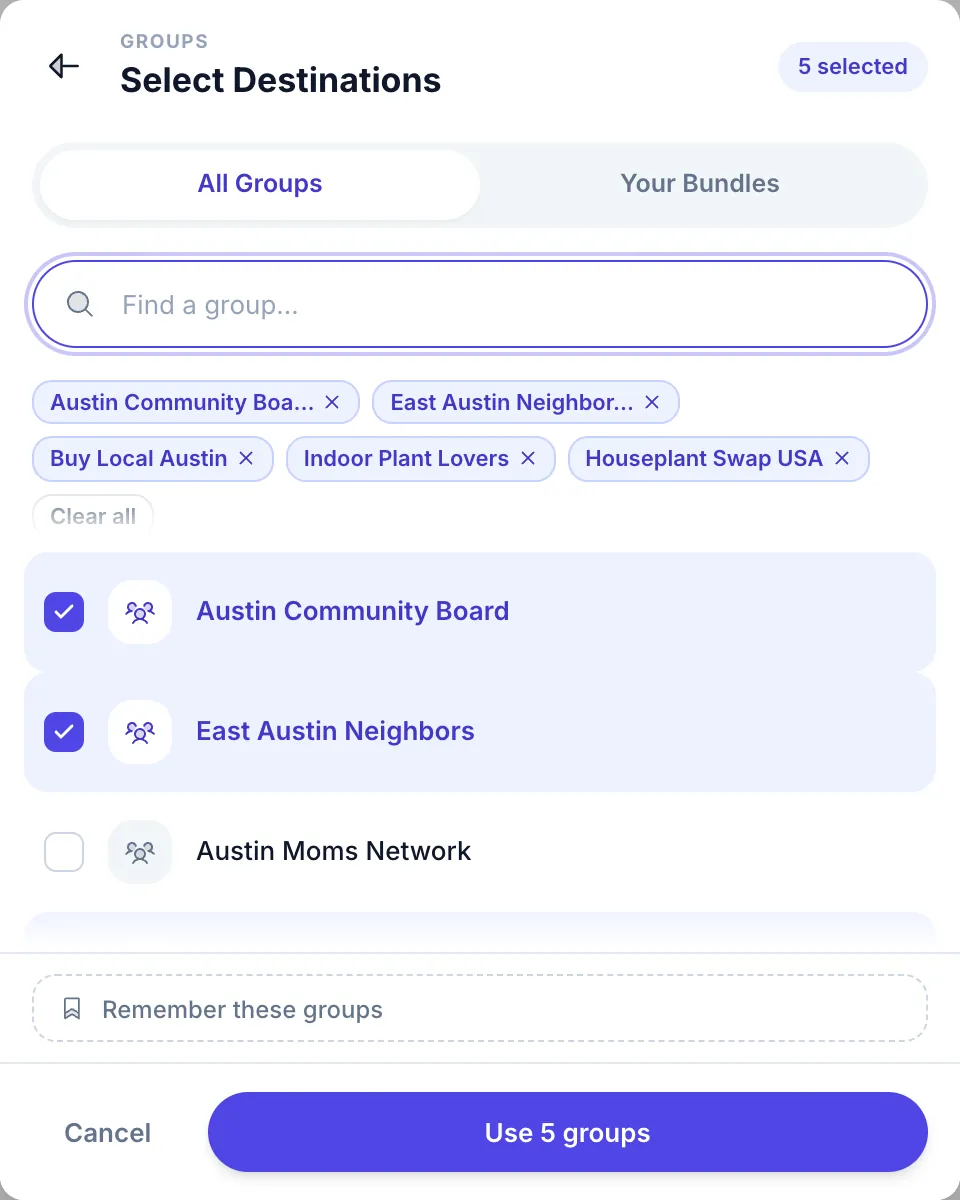 Choosing single groups: search, selected groups and the Use groups button