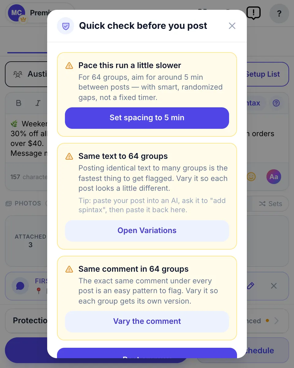 The quick check before posting: pacing, same text and same comment, each with a fix