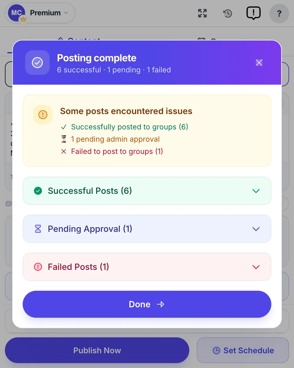 Posting complete: 6 successful, 1 awaiting approval, 1 failed
