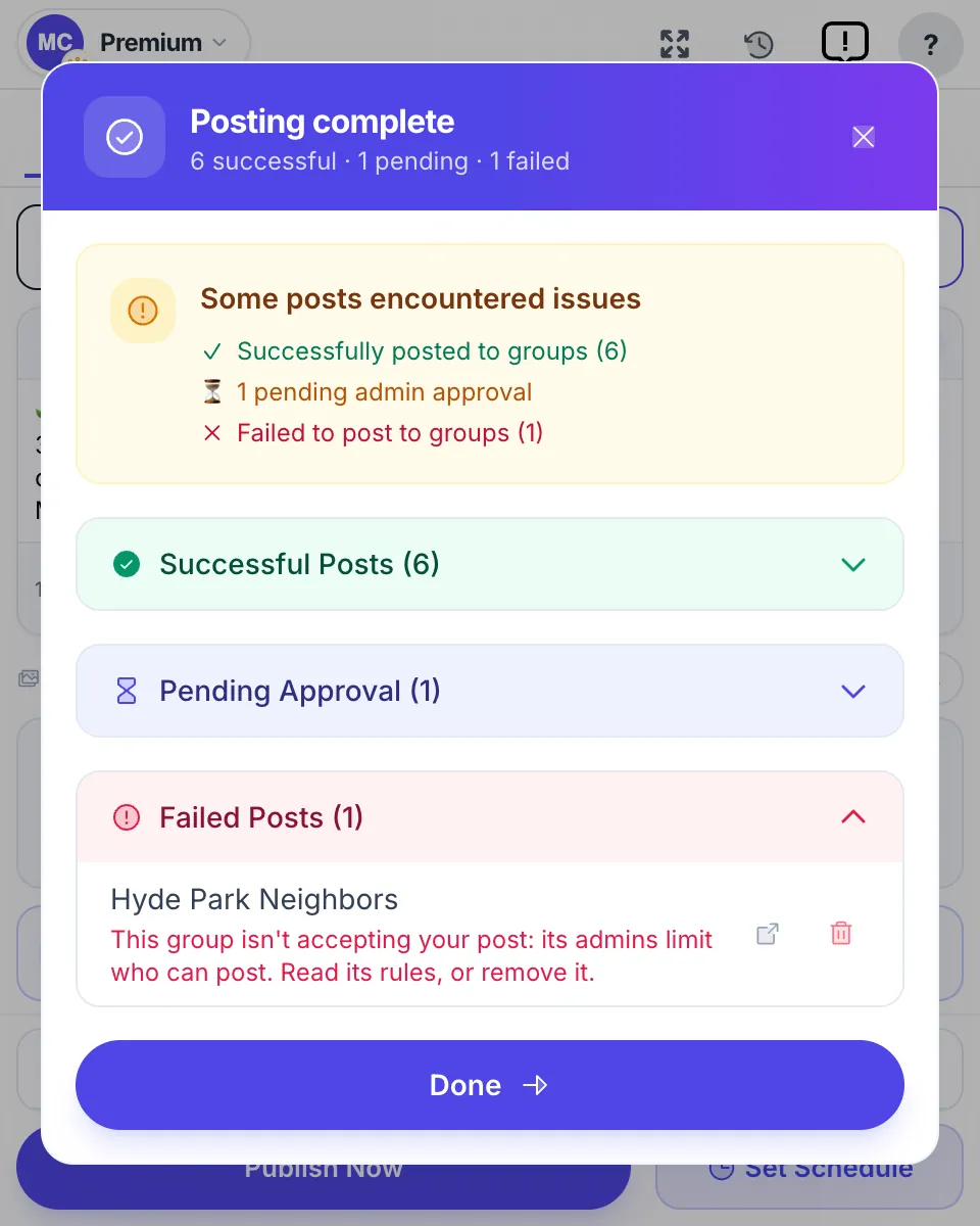 A failed group with the reason in plain words