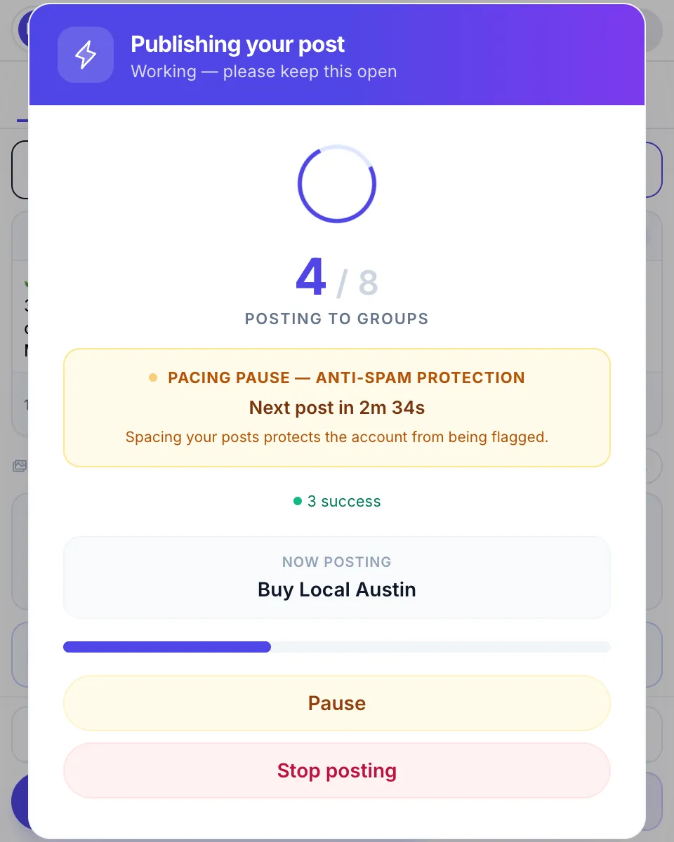 A campaign in progress: 4 of 8 groups, the group being posted to now, and the next post countdown