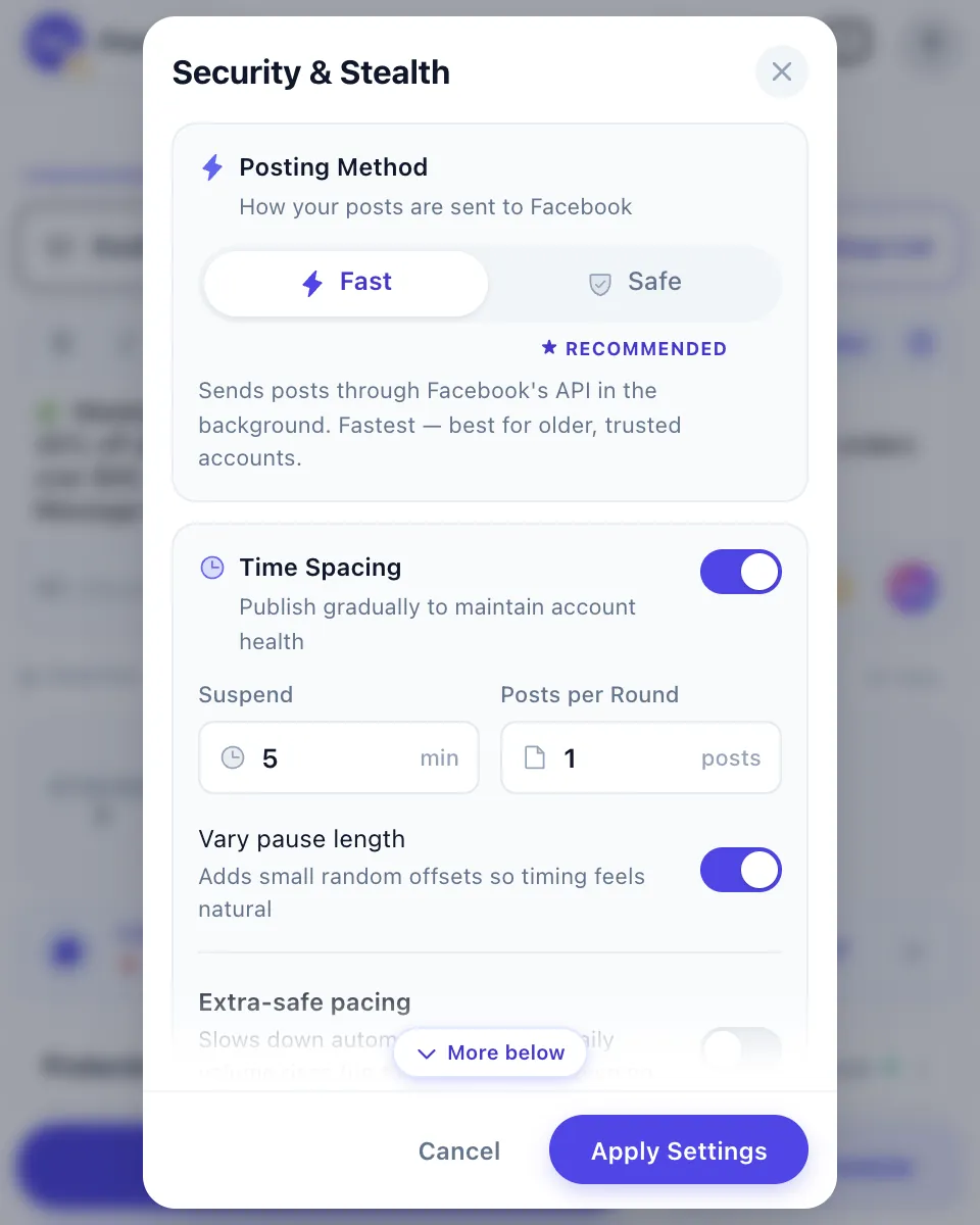 The Protection settings: Fast or Safe, Time Spacing and pause length