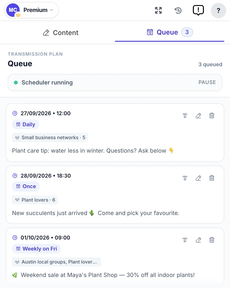 The Queue tab with three scheduled posts: daily, once and weekly